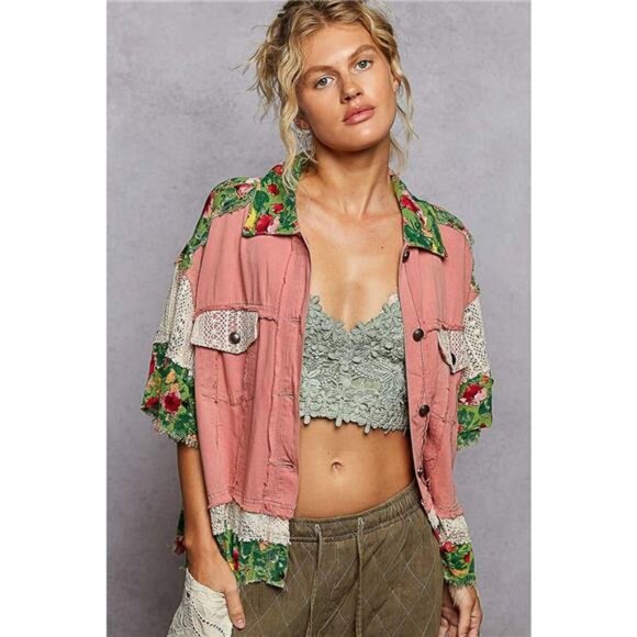 POL Lace Patch Floral Half Sleeve Shacket - Picture 2 of 6